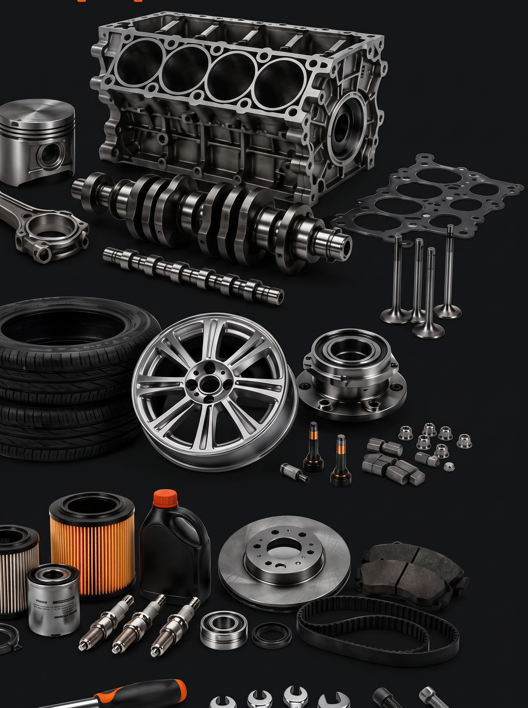 Mechanical components handled by N&N Auto Repair: engine block, camshafts, wheels and service parts