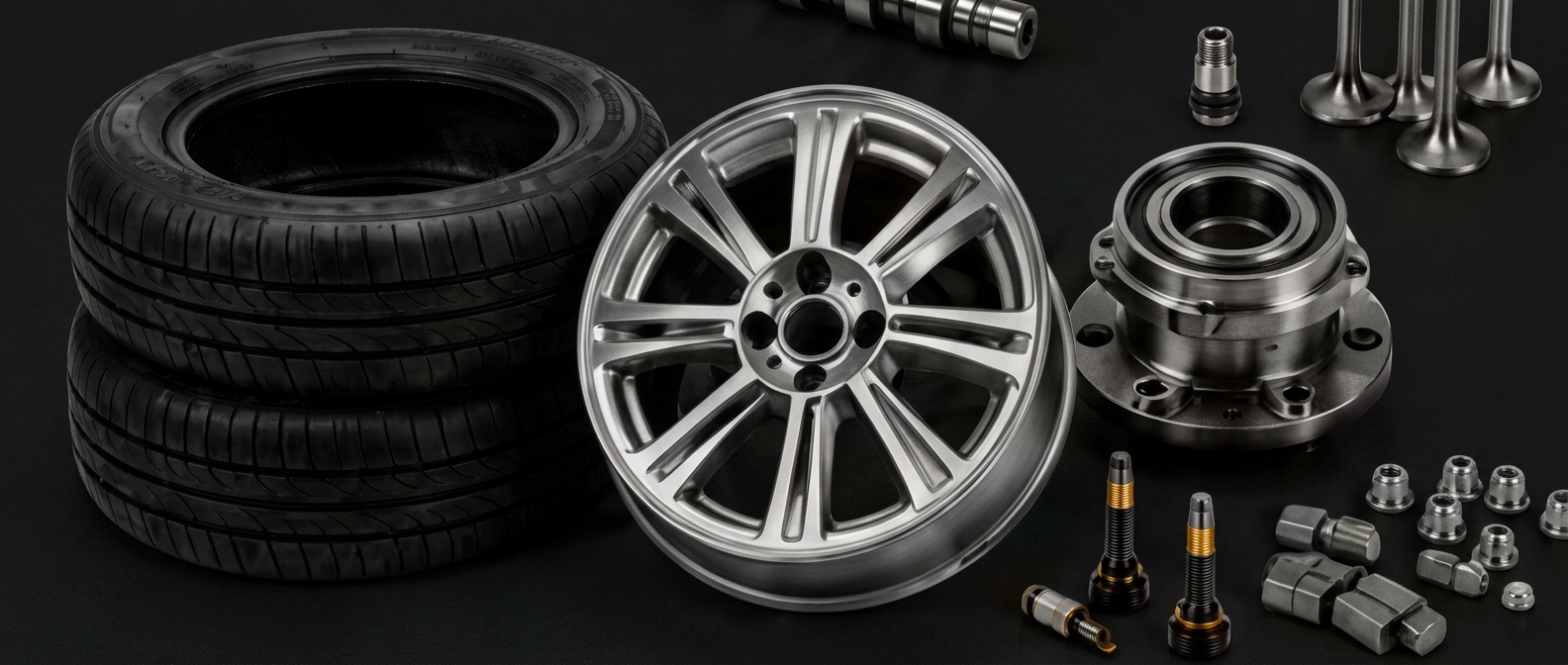 Tyres, alloy wheel, wheel hub, valves and balancing weights