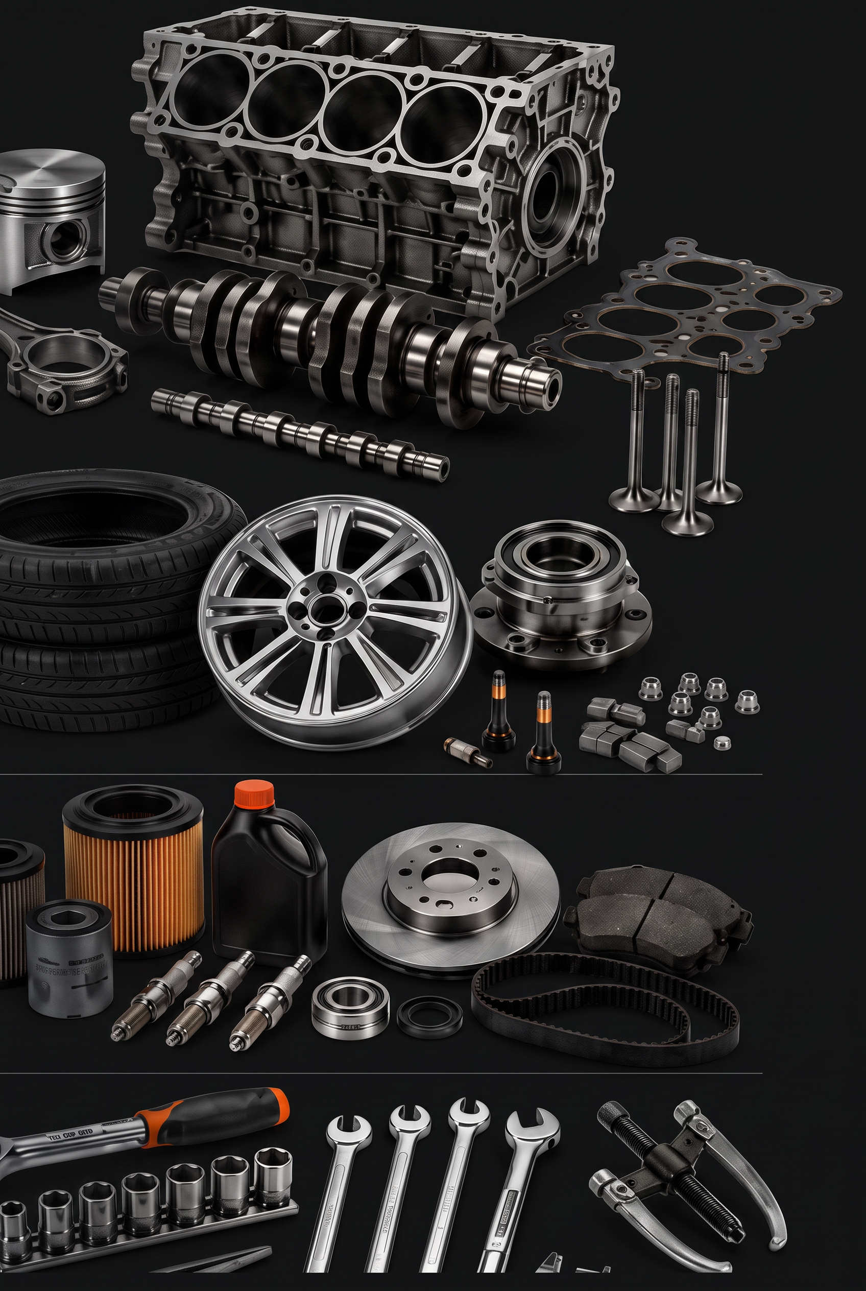 Engine block, camshafts, wheels, brake discs, filters and precision tools